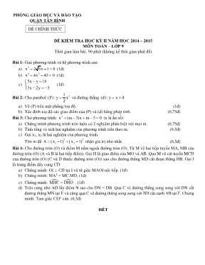 Đề kiểm tra học kỳ II năm học 2014  2015 môn Toán học lớp 9